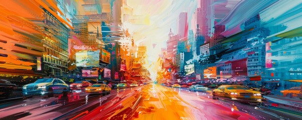 Wall Mural - A vibrant abstract painting capturing the feeling of a city in motion, with streaks of color representing cars, people, and buildings, symbolizing the energy, chaos, and vibrancy of urban life.