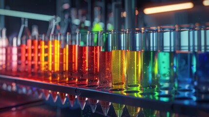 Poster - Detailed view of a test tube rack holding multiple test tubes, each containing different liquids with varying colors, highlighting their distinct chemical properties
