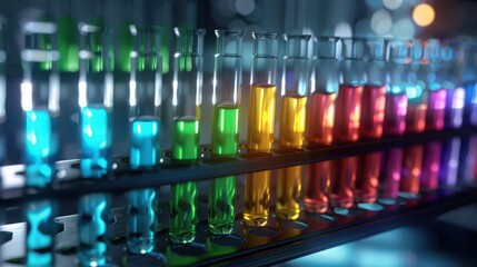 Poster - Detailed view of a test tube rack holding multiple test tubes, each containing different liquids with varying colors, highlighting their distinct chemical properties