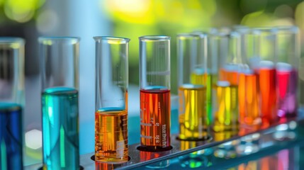 Poster - Detailed view of a test tube rack holding multiple test tubes, each containing different liquids with varying colors, highlighting their distinct chemical properties