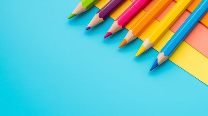 Poster - A row of colorful pencils on a blue background. The pencils are arranged in a way that they are all facing the same direction. The blue background gives the image a calm and peaceful mood