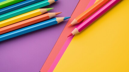 Poster - A row of colorful pencils are arranged on a yellow background. The pencils are of different colors and sizes, and they are placed in a way that creates a sense of order and harmony