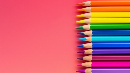 Poster - A row of colorful pencils on a pink background. The pencils are arranged in a rainbow pattern, with the colors ranging from red to purple. Concept of creativity and playfulness