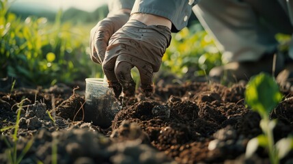 Poster - Detailed view of an environmental science experiment, featuring soil sampling techniques and analysis methods for studying soil composition and health