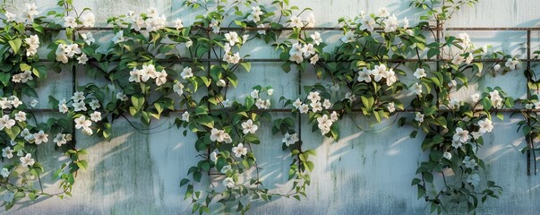 Poster - Fragrant jasmine vines climbing a trellis, 4K hyperrealistic photo