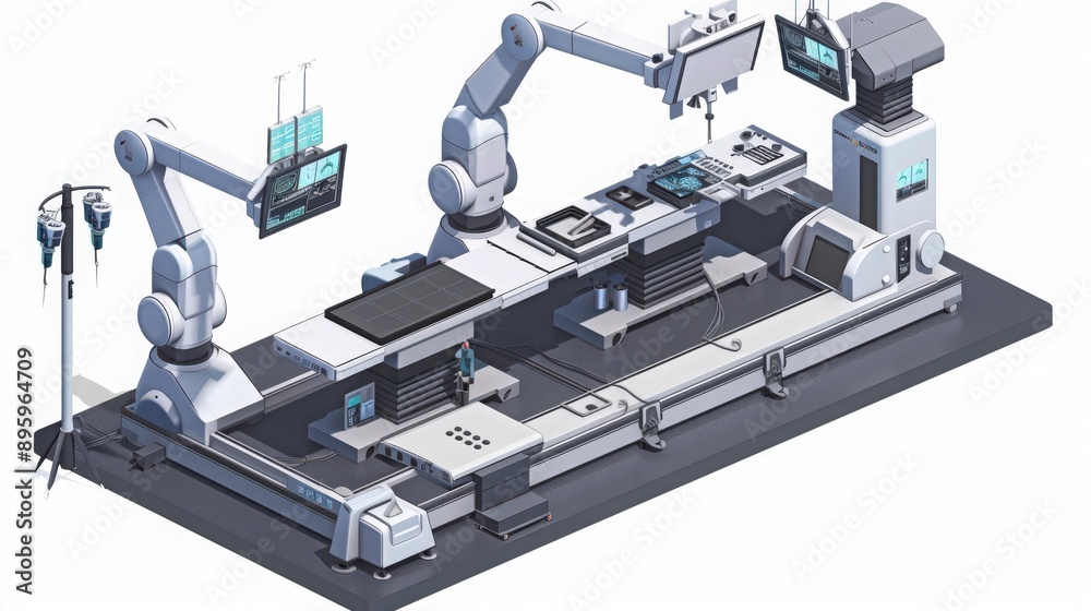 Diagram of a robotic surgery system, depicting the robotic arms, control console, and precision tools used for minimally invasive procedures