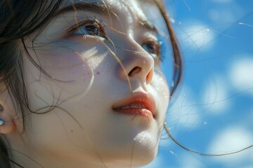 Wall Mural - Under the blue sky and white clouds, a Japanese and Korean girl looks at the close-up of the sun on the beach, with exquisite makeup and Japanese style
​