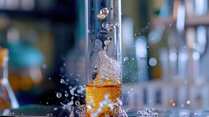 Poster - diagram of a test tube with a reaction involving solids and liquids, illustrating how solid substanc