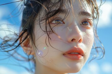 Wall Mural - Under the blue sky and white clouds, a Japanese and Korean girl looks at the close-up of the sun on the beach, with exquisite makeup and Japanese style
​