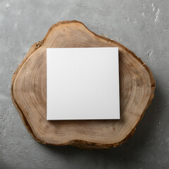 Wall Mural - Blank white square poster on tree stump, cement floor. Empty canvas. Mock-up. Close-up. Flat lay