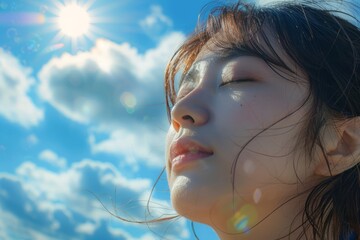 Wall Mural - Under the blue sky and white clouds, a Japanese and Korean girl looks at the close-up of the sun on the beach, with exquisite makeup and Japanese style
​