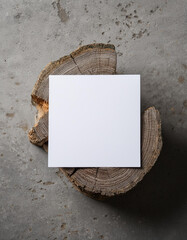 Wall Mural - Blank white square poster on tree stump, cement floor. Empty canvas. Mock-up. Close-up. Flat lay