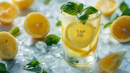 Refreshing lemonade in a glass, ice cubes, lemon slices, fresh basil leaves, scattered on white marble countertop, top view, vibrant colors, high contrast, soft natural light, food photography.