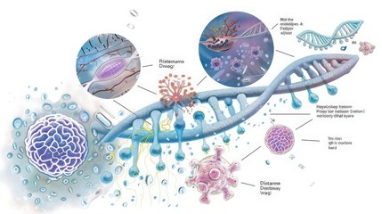 Diagram of DNA's role in cellular processes, including replication, transcription, and translation, with emphasis on the central dogma of molecular biology.