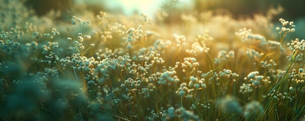 Wall Mural - Fragile baby's breath flowers in a wild meadow, 4K hyperrealistic photo