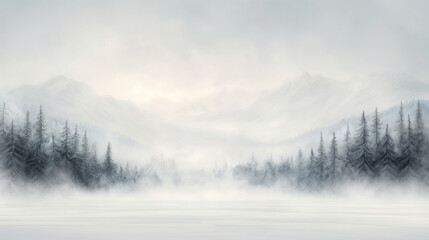 Naklejka na meble A snowy mountain range with a foggy sky and a forest of pine trees