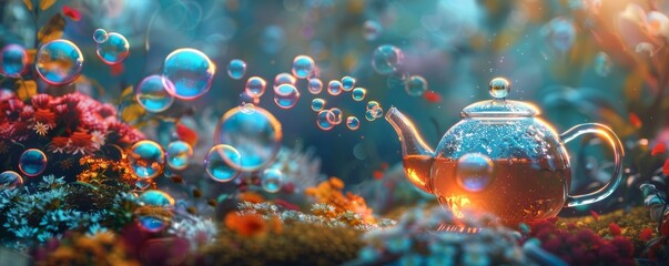 Canvas Print - A whimsical teapot pouring a stream of colorful bubbles, each one floating through the air and reflecting the surrounding world.