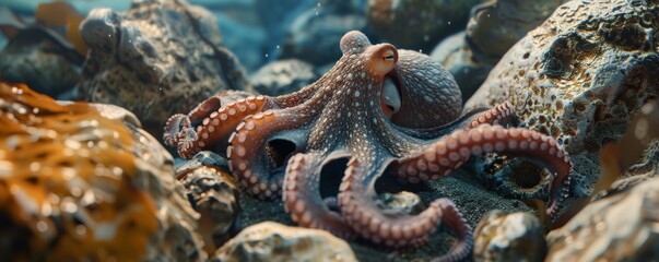 Poster - Enchanting octopus camouflaged among rocks and coral, 4K hyperrealistic photo