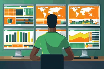 Wall Mural - SEO Specialist Presenting Dynamic Data Visualizations on Colorful Digital Dashboard for Meticulous Optimization