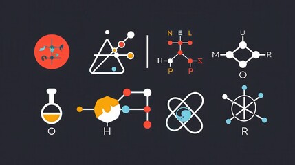 Poster - Illustrate a collection of symbols for coordination chemistry, including ligands, complex ions, and coordination numbers, with sleek,