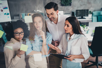 Canvas Print - Photo of group business company workers communicate share ideas modern loft interior office indoors