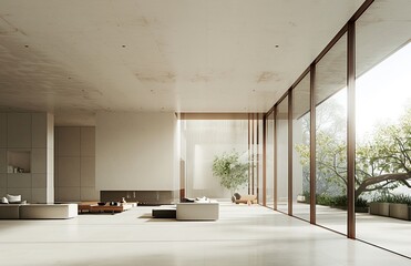 Interior of modern living room with white tile walls, tiled floor, panoramic windows and white bathtub.