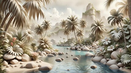 Aufkleber - 3D rendering tropical scene background is light beige color plan