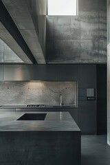 Wall Mural - Corner of modern kitchen with black and gray walls, concrete floor, gray countertops and cupboards.