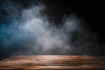 Sticker - empty wooden table with smoke float up on dark background