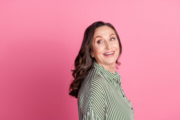 Wall Mural - Profile photo of nice aged lady look empty space wear striped shirt isolated on pink color background