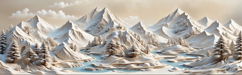 Aufkleber - 3D relief sculpture mountainous landscape is made light-colored