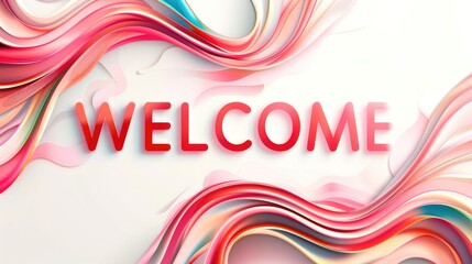 Red, pink Welcome greeting text on white background with colorful waves and swirling lines, events, websites, greetings, hospitality industry and promotional materials