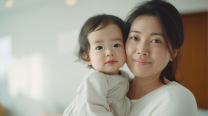 Woman holding baby girl inside a home.