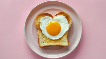 Wall Mural - Top view of a fried egg on toast. Set on a light pink background, this breakfast photo captures simplicity and elegance. Ideal for food blogs or culinary websites. Minimalist food photography. AI