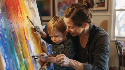 A woman and a child are painting a colorful picture together