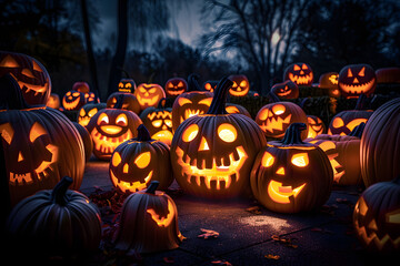 Poster - illuminated carved pumpkins with different evil faces in darkness at Halloween night