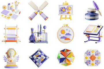Poster - Art and Crafts concept of 3D icons set in modern web design. Pack isolated objects of paint brush, easel canvas, ink drawing, loom, perfumery, embroidery, sculpture, patchwork and other illustrations.