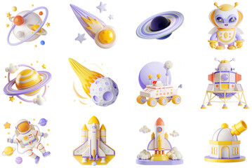 Poster - Science and Space concept of 3D icons set in modern web design. Pack isolated objects of planet orbit, satellite, meteorite, ufo alien, astronaut, comet, asteroid, station and other illustrations.