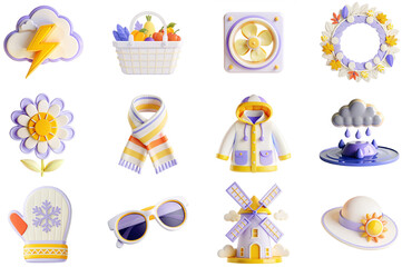 Poster - Seasons and Weather concept of 3D icons set in modern web design. Pack isolated objects of cloud rain, lightning, autumn crop basket, fan, flower, fall wreath, scarf, coat and other illustrations.