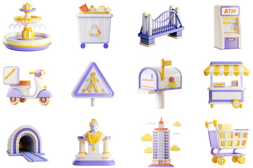 Poster - Urban Living concept of 3D icons set in modern web design. Pack isolated objects of fountain, trash bin, bridge, atm, courier scooter, road sign, mailbox, street food kiosk and other illustrations.