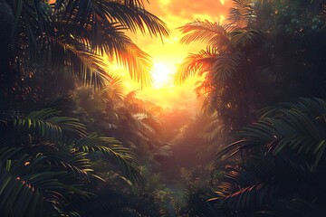 Wall Mural - Serene Jungle Sunset: A Glimpse into Nature's Beauty