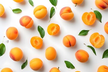 Poster - Fresh Apricots and Leaves on a White Background