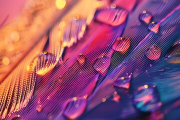 Poster - Close-up of vibrant feather with water droplets, showcasing a beautiful blend of colors and textures, perfect for artistic and nature themes.