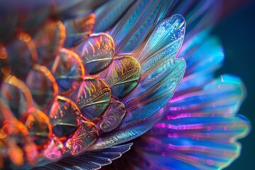 Poster - Close-up of vibrant, iridescent object with detailed patterns and colorful lighting. Abstract and captivating artwork with a futuristic feel.