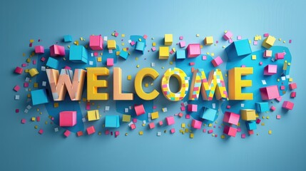 rainbow Welcome greeting text on blue background with colorful waves and swirling lines, events, websites, greetings, hospitality industry and promotional materials