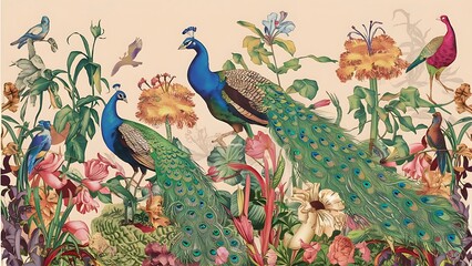 Naklejka na meble Classic Handdrawna and Hand Painted Retro Vintage Style Fine Art canvas for wallpaper and background with Colorful Peacocks, birds, Flowers and plants, Nature-inspired and floral botanical, ornamental