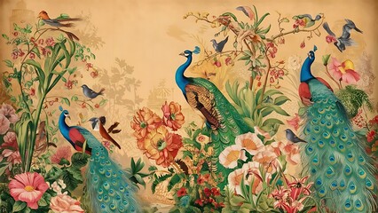 Naklejka na meble Classic Handdrawna and Hand Painted Retro Vintage Style Fine Art canvas for wallpaper and background with Colorful Peacocks, birds, Flowers and plants, Nature-inspired and floral botanical, ornamental