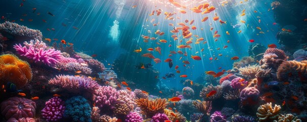 Wall Mural - A vibrant underwater world teeming with colorful fish and coral reefs, illuminated by shafts of sunlight piercing through the water's surface.