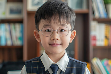 Wall Mural - A young boy wearing glasses and a vest stands in front of a bookshelf