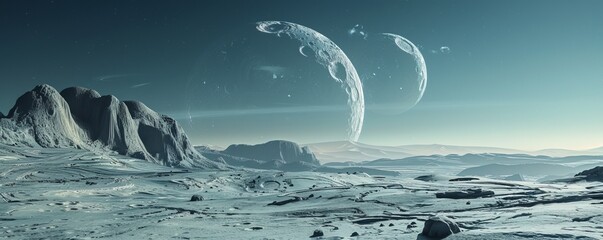 Wall Mural - alien landscape with multiple moons, 4k hyperrealistic photo